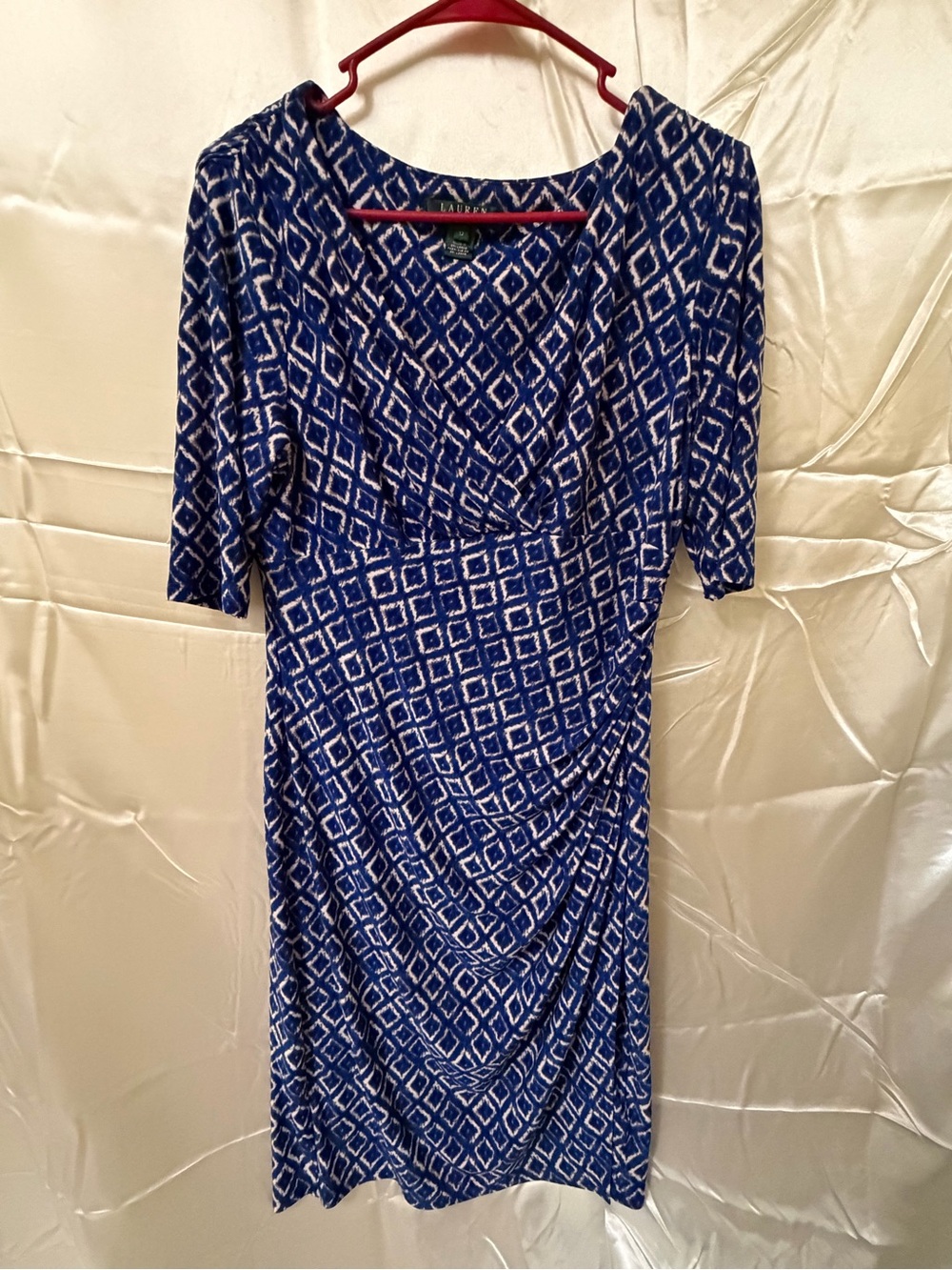 Lauren Ralph Lauren Dress 12 Blue White Geometric Faux Wrap Ruched 3/4 Sleeve